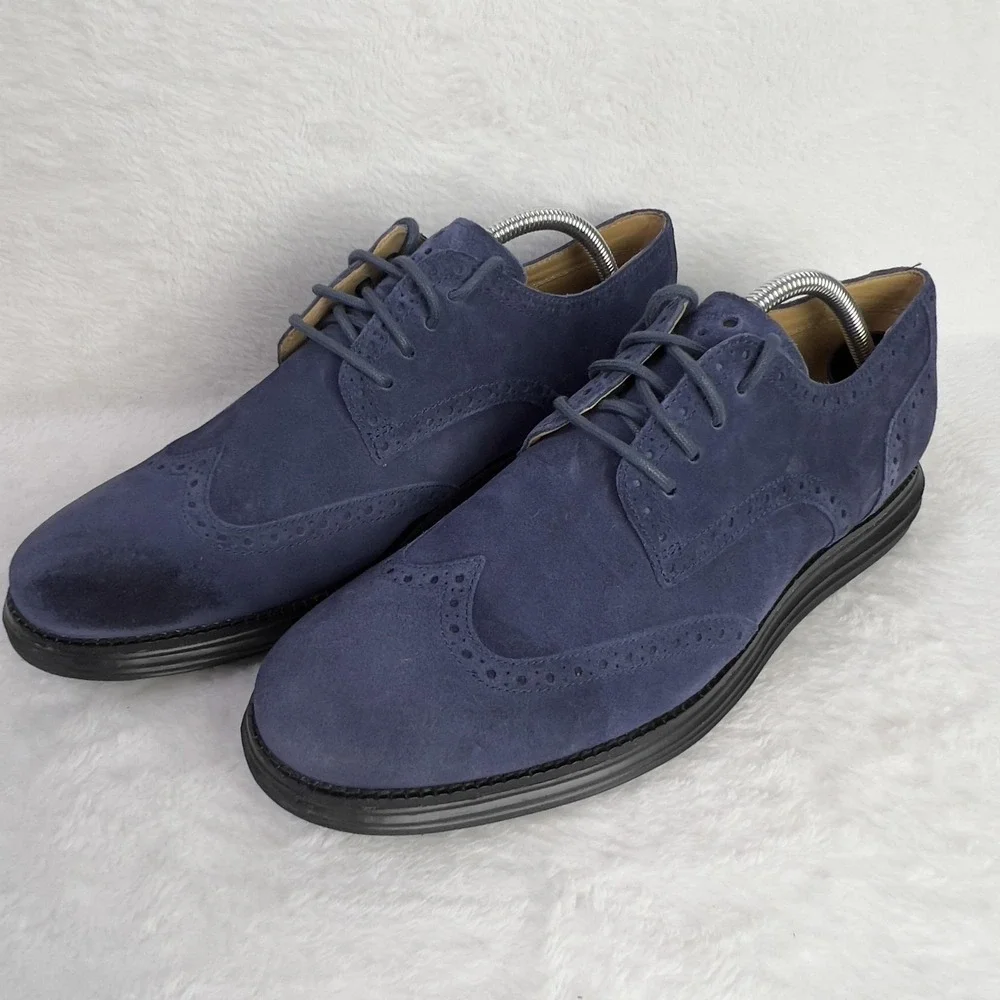 Cole Haan LunarGrand Wingtip Shoes Mens Size‎ 10.5 Blue Suede Oxford Dress